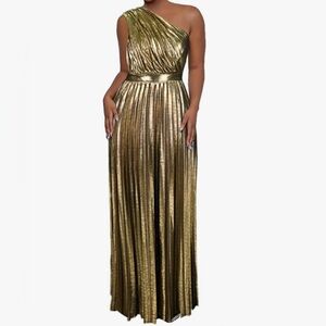 Metallic One Shoulder Sleeveless Elegant Pleated Long Dress
